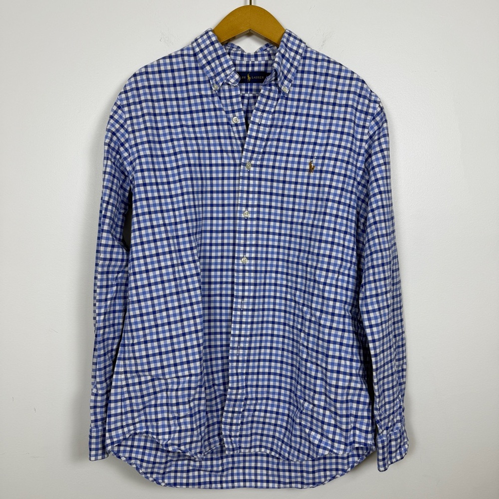 Ralph Lauren Blue White Gingham Button Down Shirt Large Cotton Classic Fit